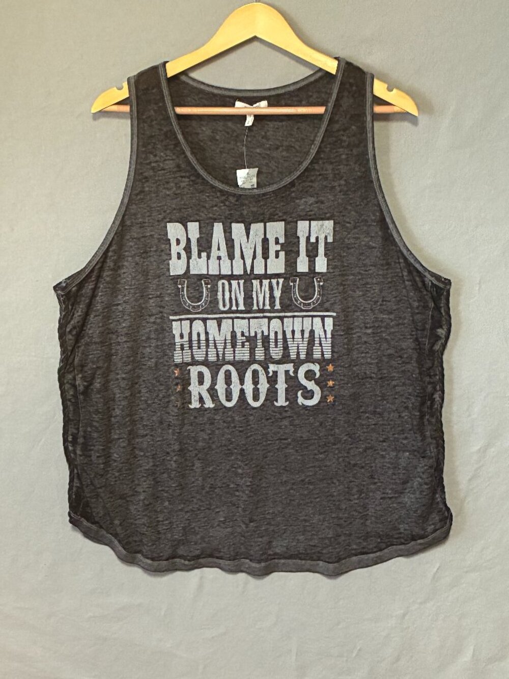 Maurices Graphic Sheer Tank Top Gray Blame It On My Hometown Roots 2X Western